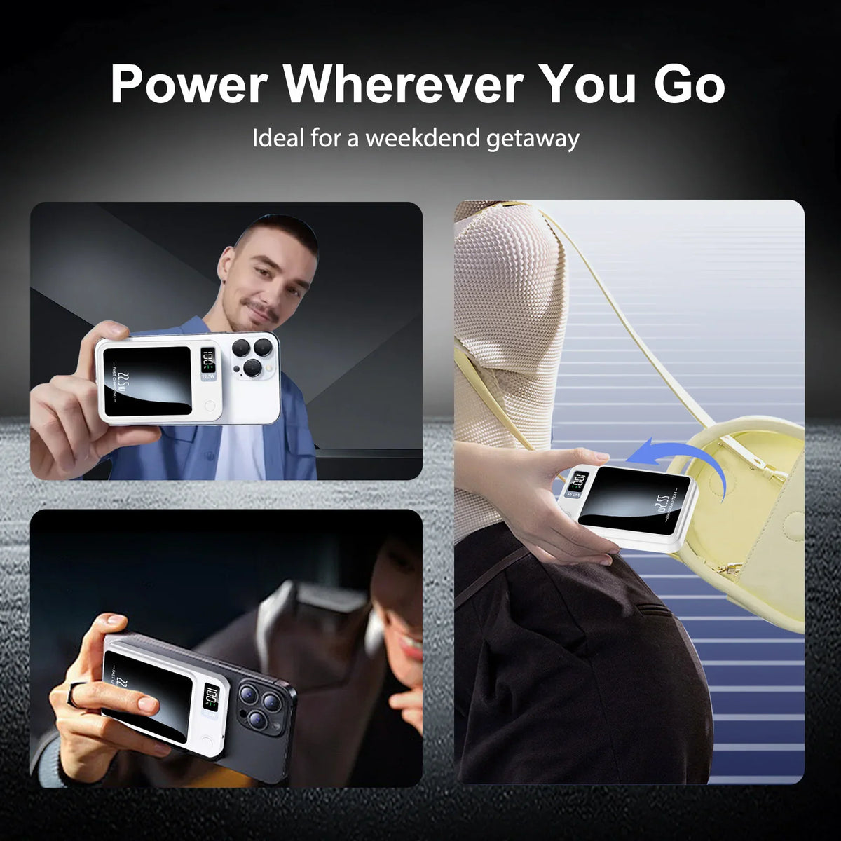 People using a portable magnetic wireless power bank to charge smartphones while traveling or commuting