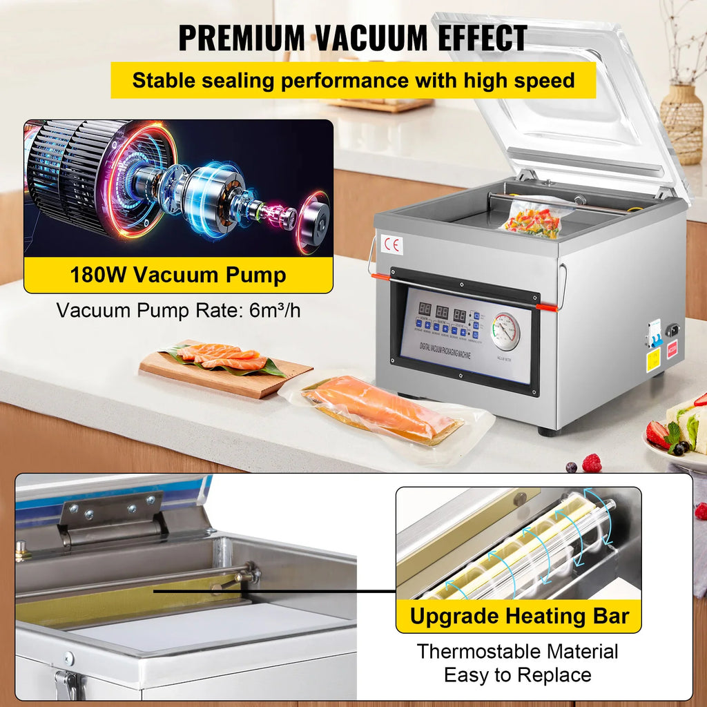 Stainless steel chamber vacuum sealer showing internal vacuum pump and heating bar components
