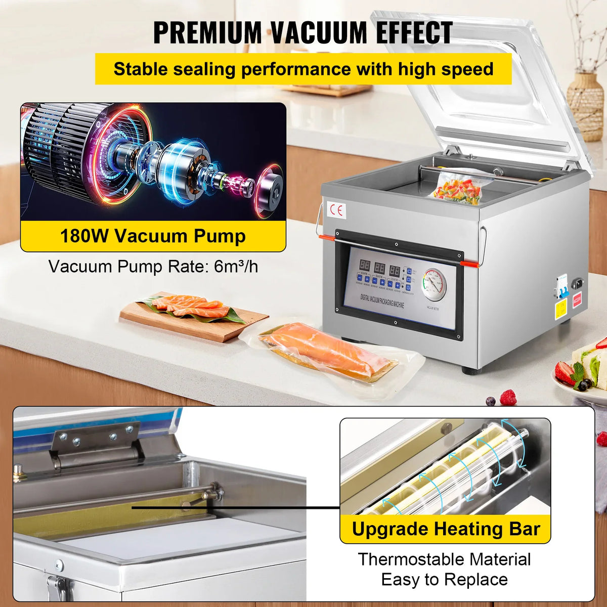 Stainless steel chamber vacuum sealer showing internal vacuum pump and heating bar components