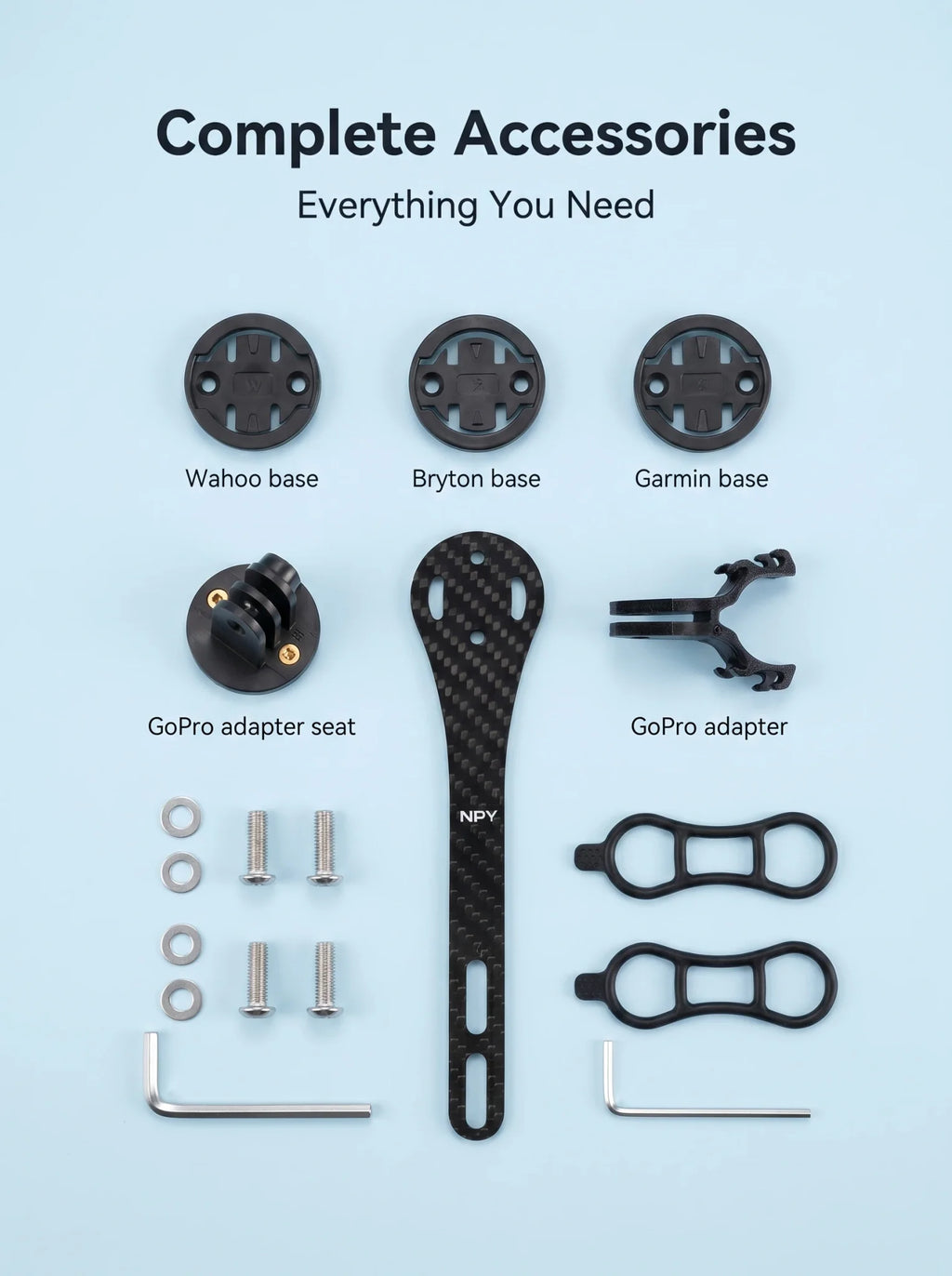Comprehensive set of bicycle computer mount parts including adapters, screws, and tools