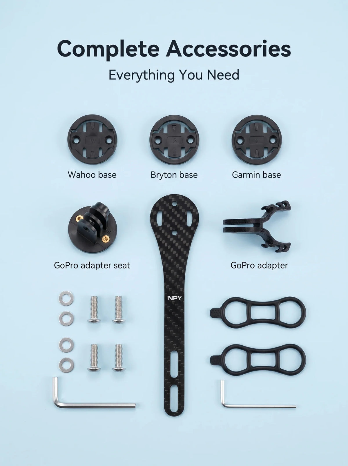 Comprehensive set of bicycle computer mount parts including adapters, screws, and tools