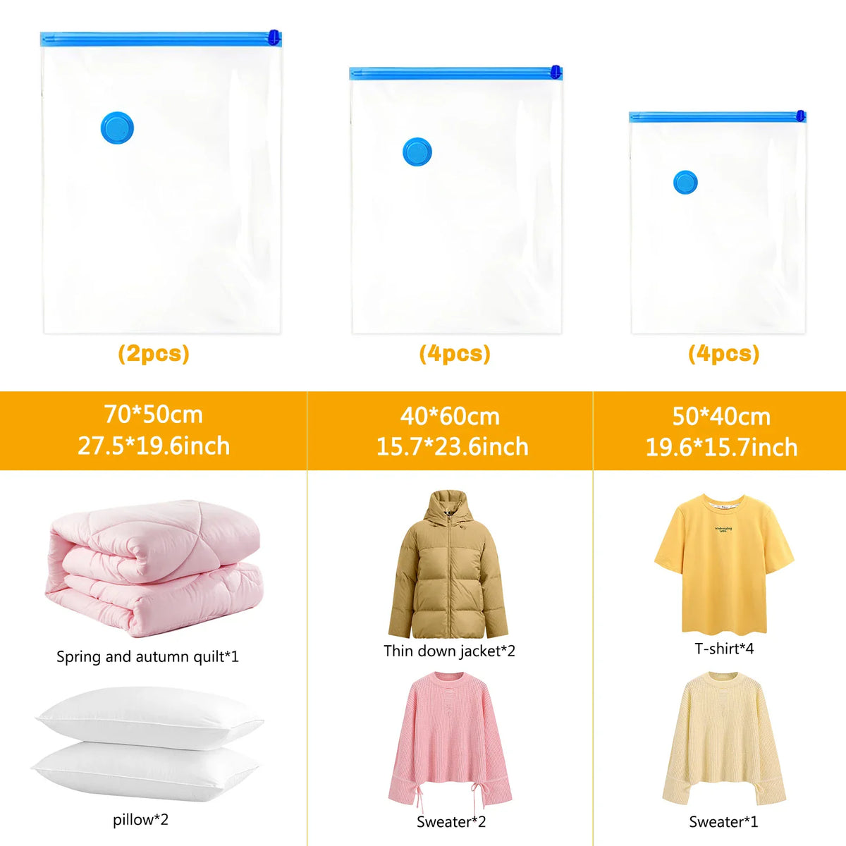 A size guide and example items like pillows and sweaters for vacuum storage bags.