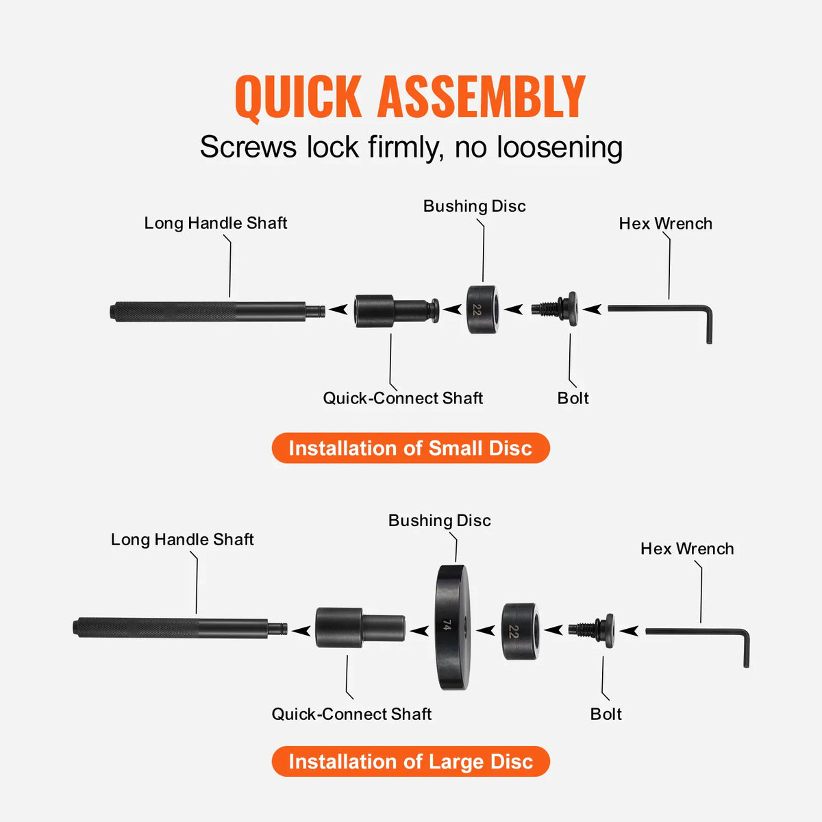 Exploded view diagram showing how to assemble a bearing driver tool for different disc sizes