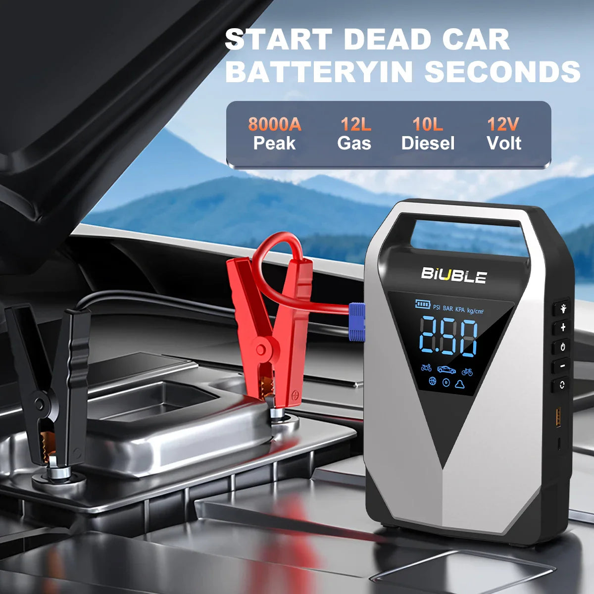 Jump starter unit connected to a car battery to jump start an engine