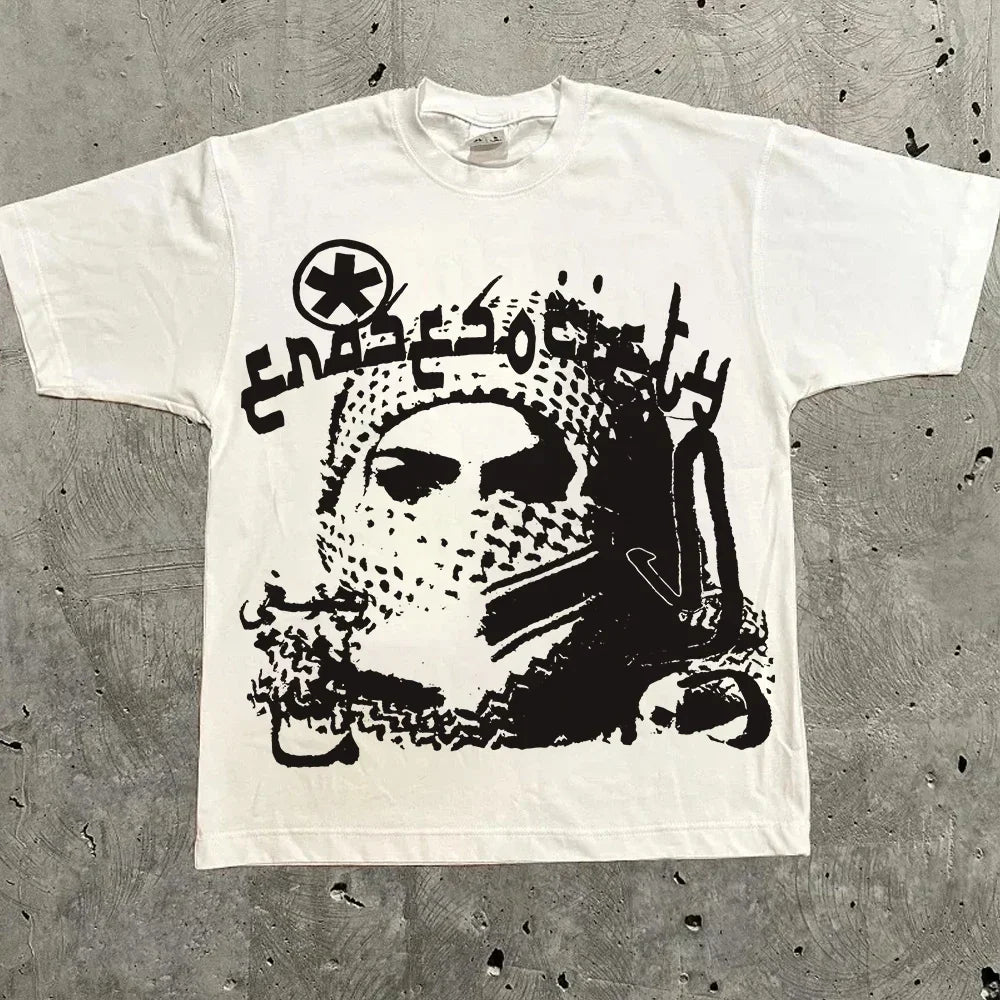 White oversized t-shirt with a masked figure graphic and dark lettering