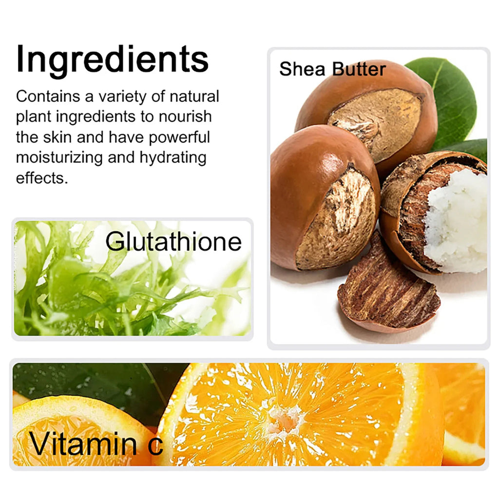 Ingredients of moisturizing oil cream including shea butter, glutathione, and vitamin C.