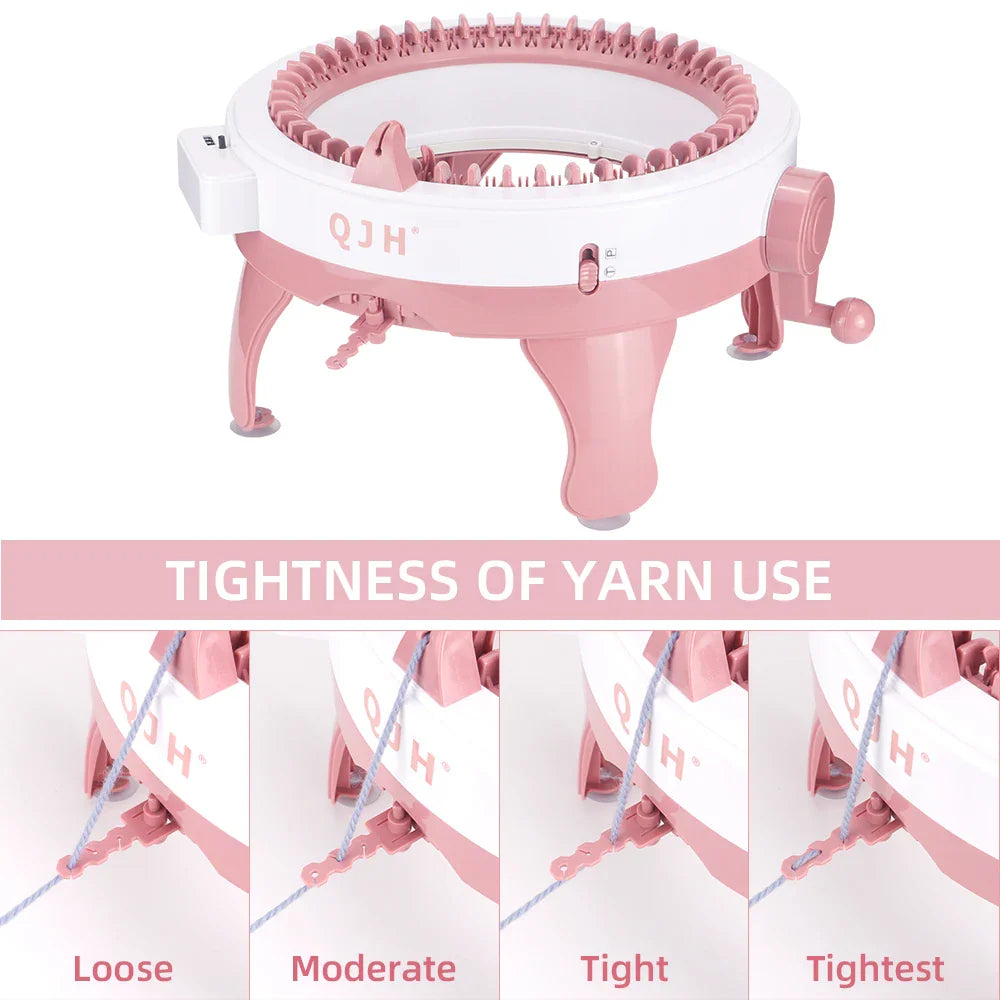Close up of a knitting machine showing four yarn tension settings.
