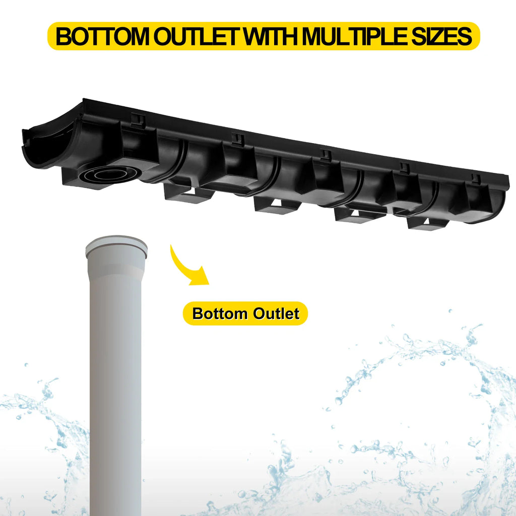 Black plastic trench drain piece with bottom pipe outlet connection