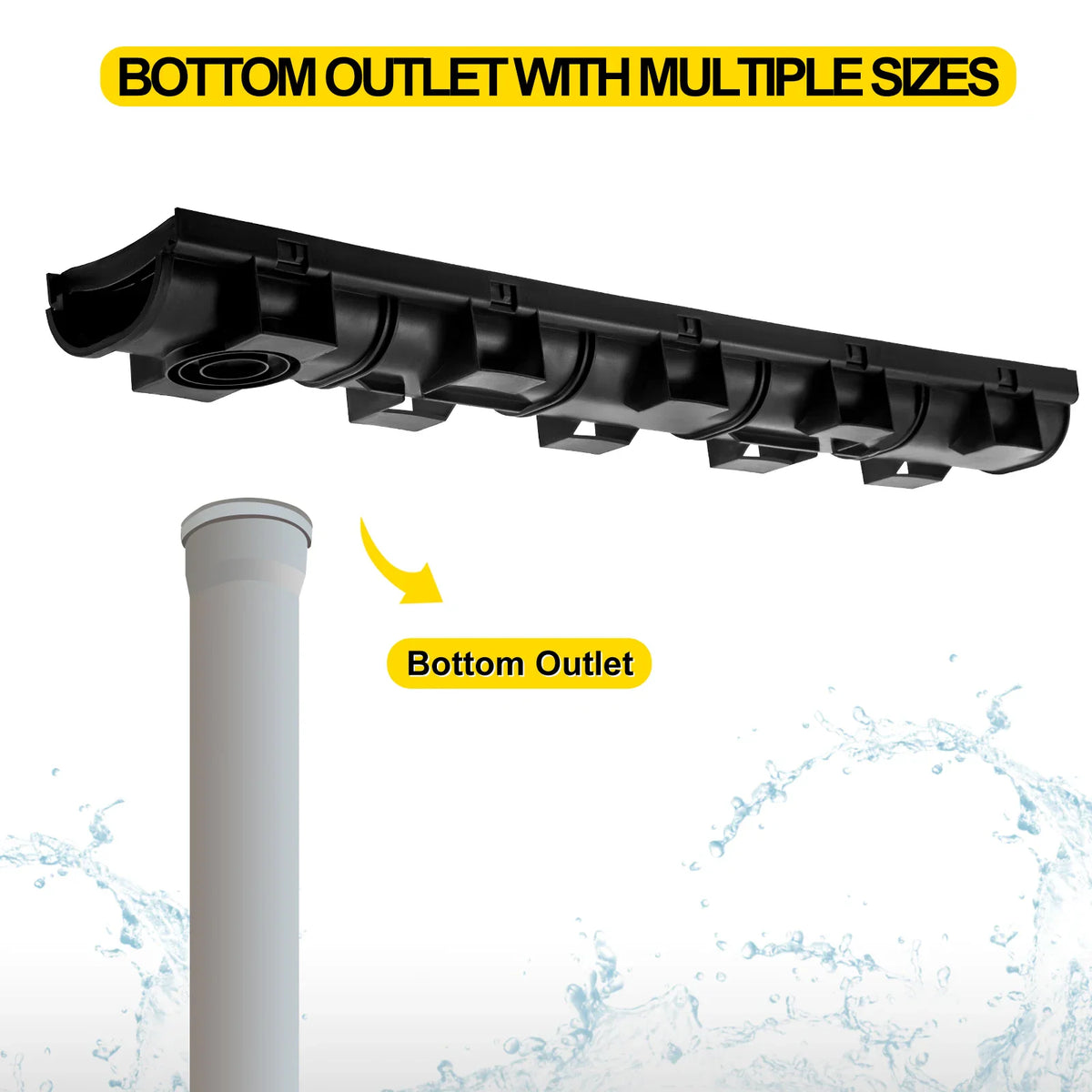 Black plastic trench drain piece with bottom pipe outlet connection