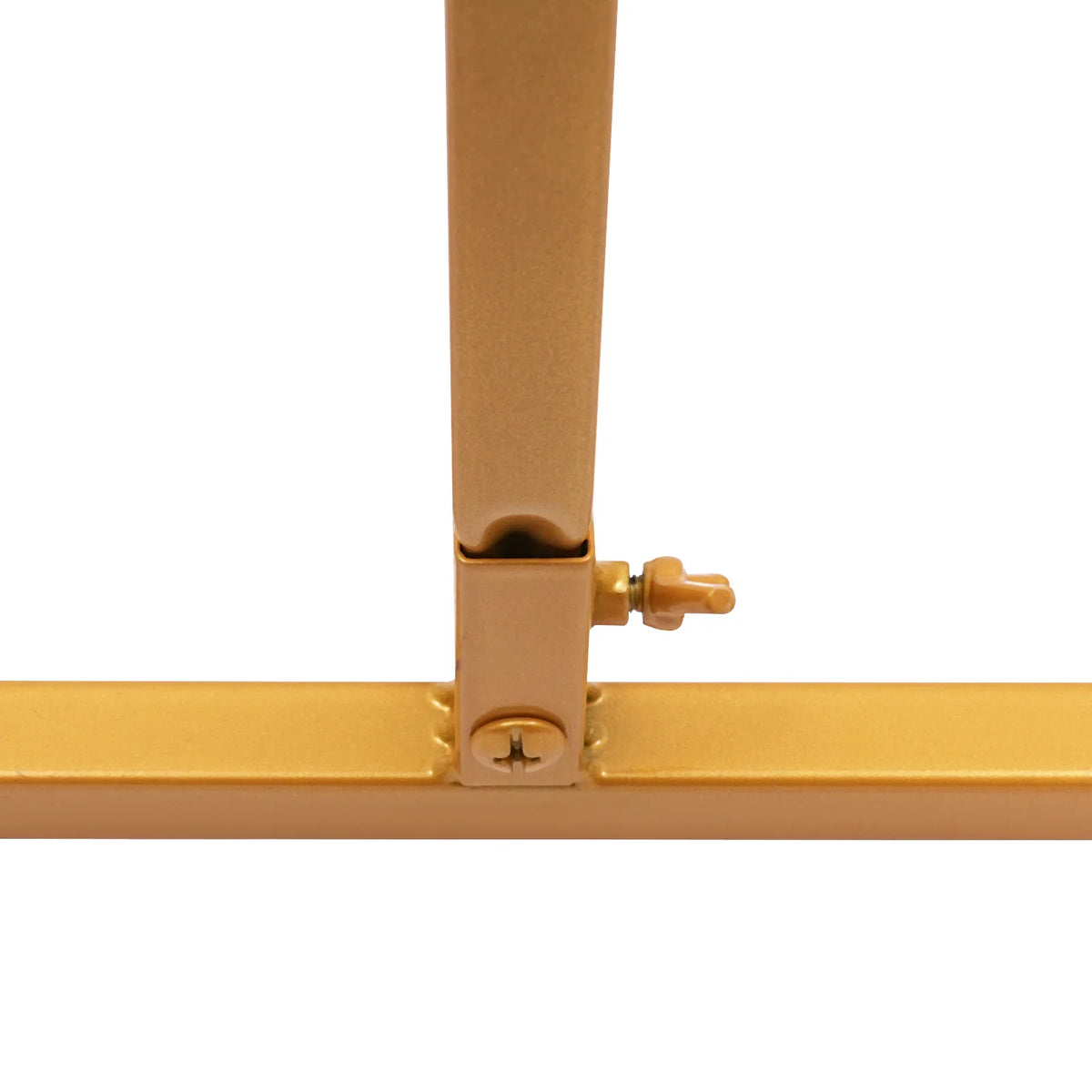 Close-up of the metal joint of the gold display stand with a wing nut
