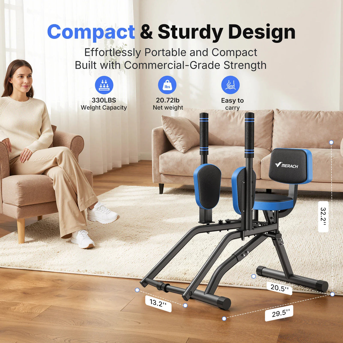Compact hip abductor exercise equipment with dimensions labeled.