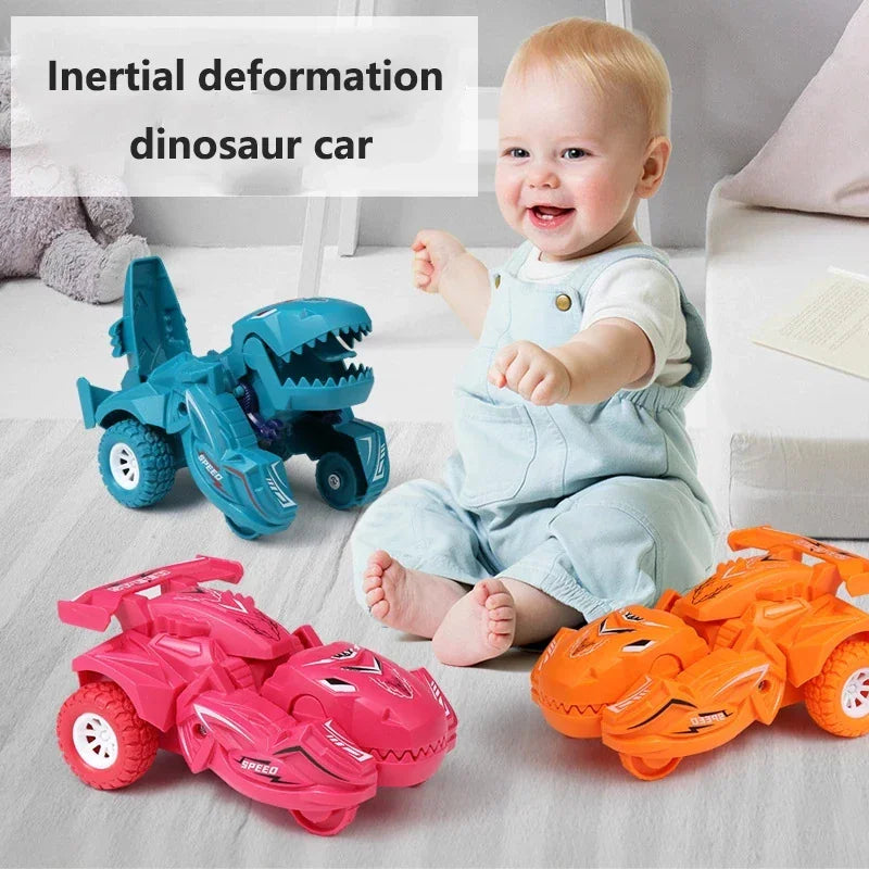 Dinosaur transforming car toys with a child
