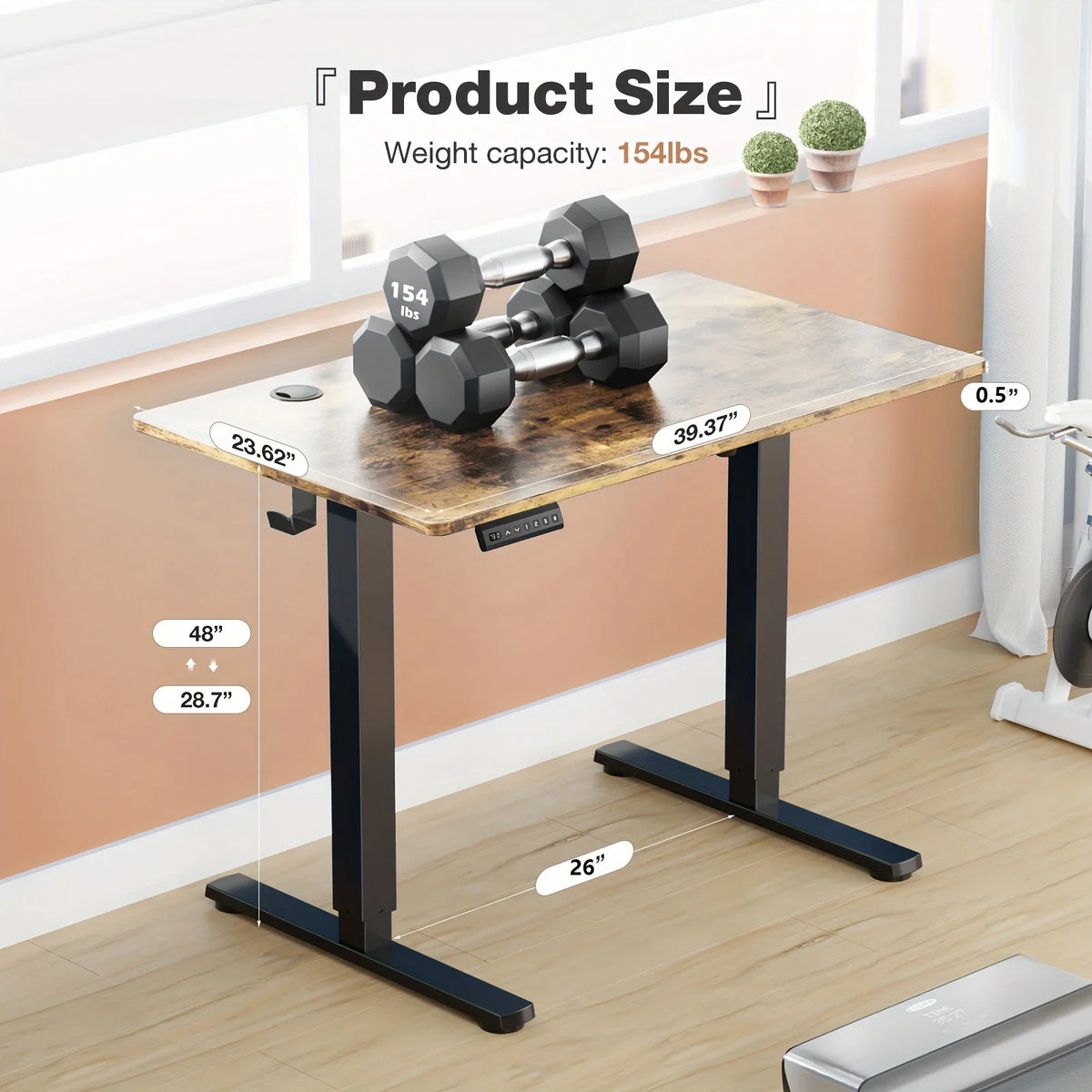 Electric height adjustable standing desk with wood top showing product dimensions and weight capacity