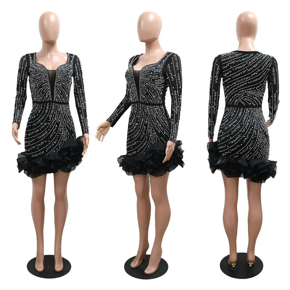 Front, side, and back view of a black long-sleeved, beaded mini dress with ruffled hemline on a mannequin.