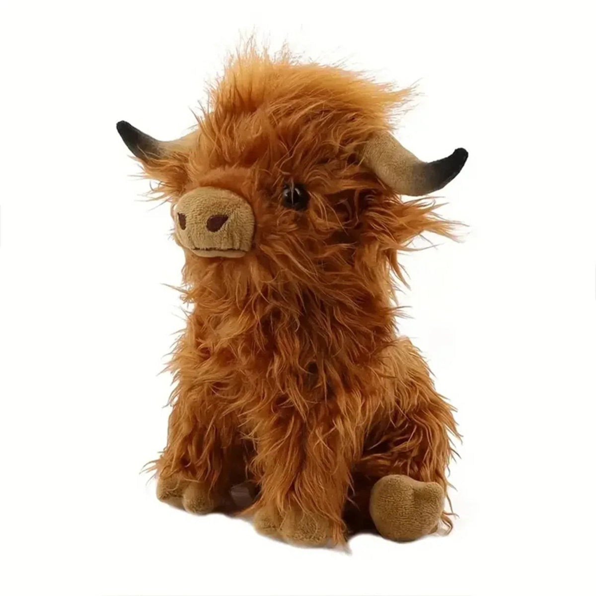 Brown Highland cow plush doll sitting on a white background