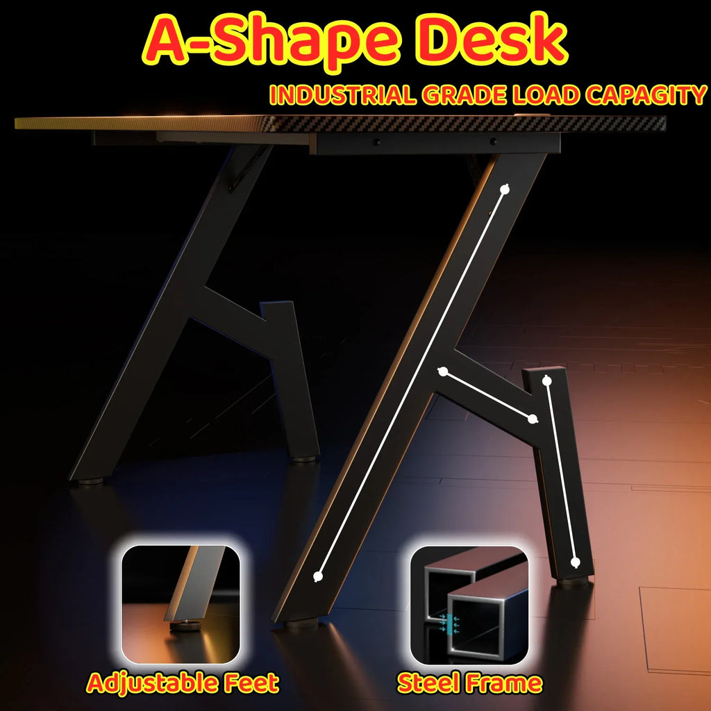 A-shaped gaming desk frame details with adjustable feet and steel legs