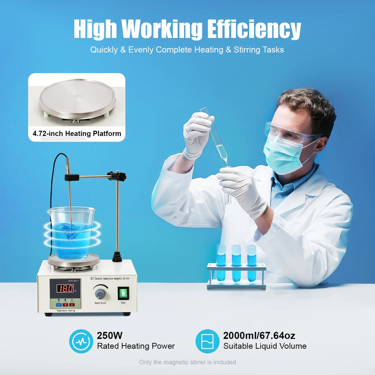A scientist using a laboratory magnetic stirrer with heating plate, beaker, and test tubes