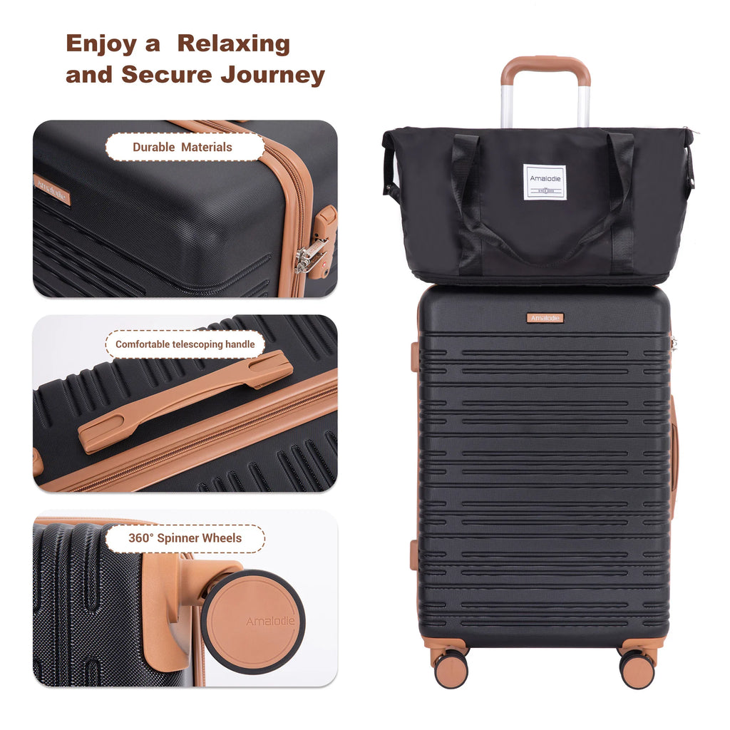 Close-up features of a black hardshell suitcase with brown handles, 360-degree wheels, and a travel duffle bag.