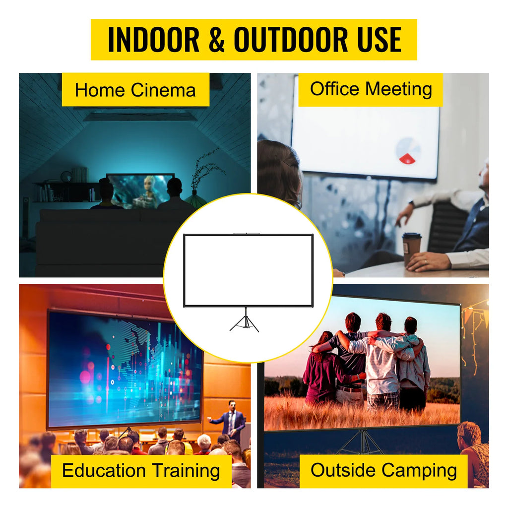 Projector screen shown in various settings including home cinema, office, education, and camping