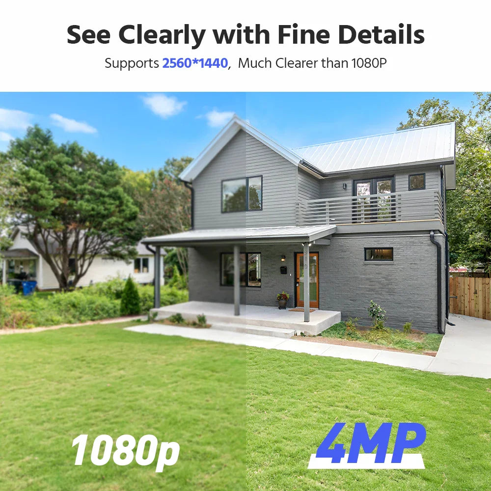 Comparison split screen showing the difference in image clarity between 1080p and 4MP security cameras