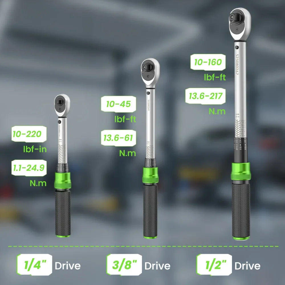 Comparison of three different sized torque wrenches with their respective drive sizes.
