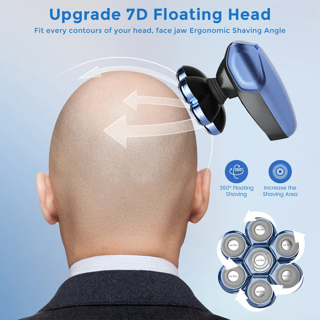 Electric shaver showing a 360-degree floating head design for shaving a bald head