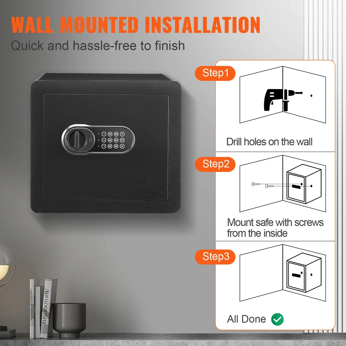Instructional diagram showing step-by-step wall mounting installation for a home electronic safe.