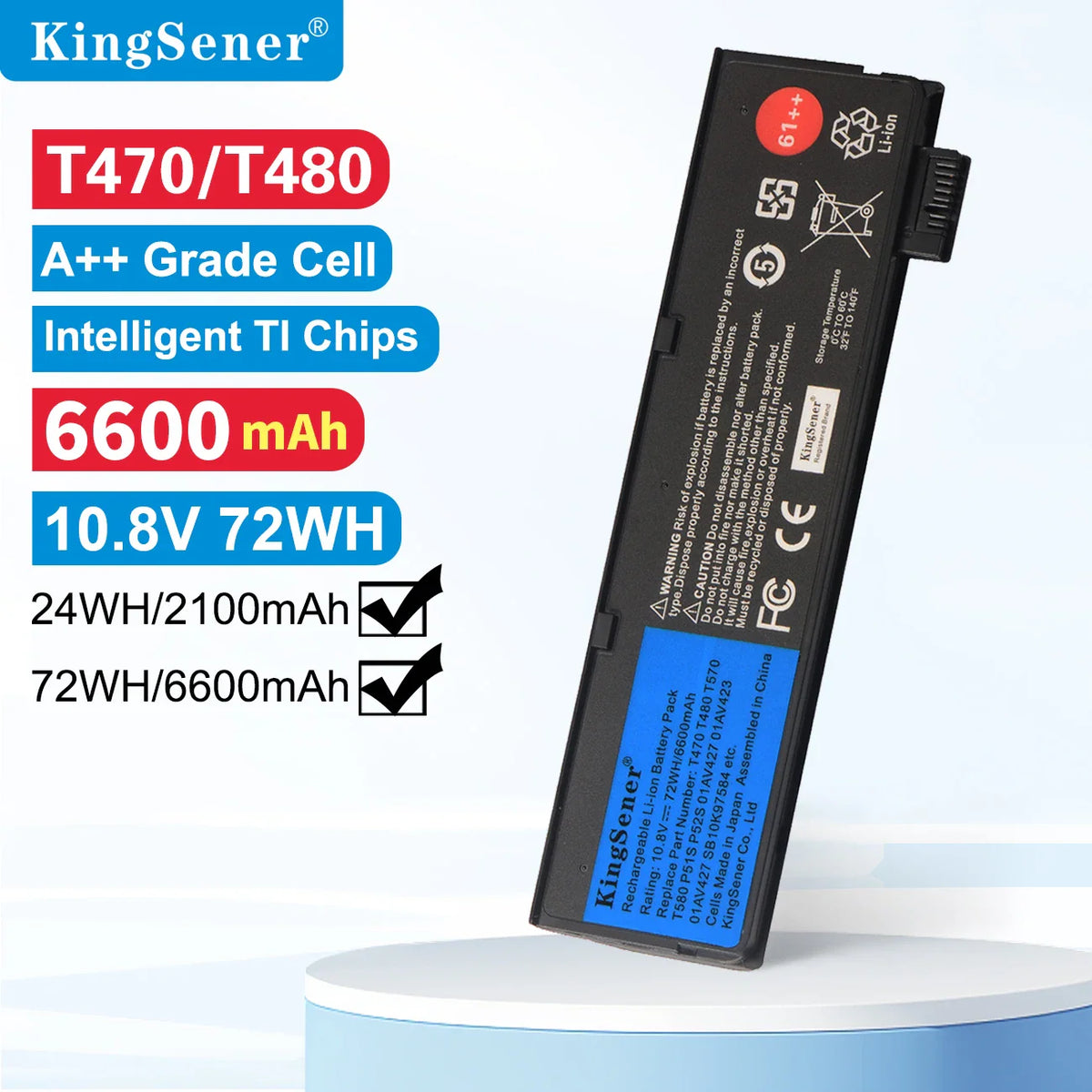 Replacement laptop battery, 10.8V 72Wh 6600mAh black rectangular power pack