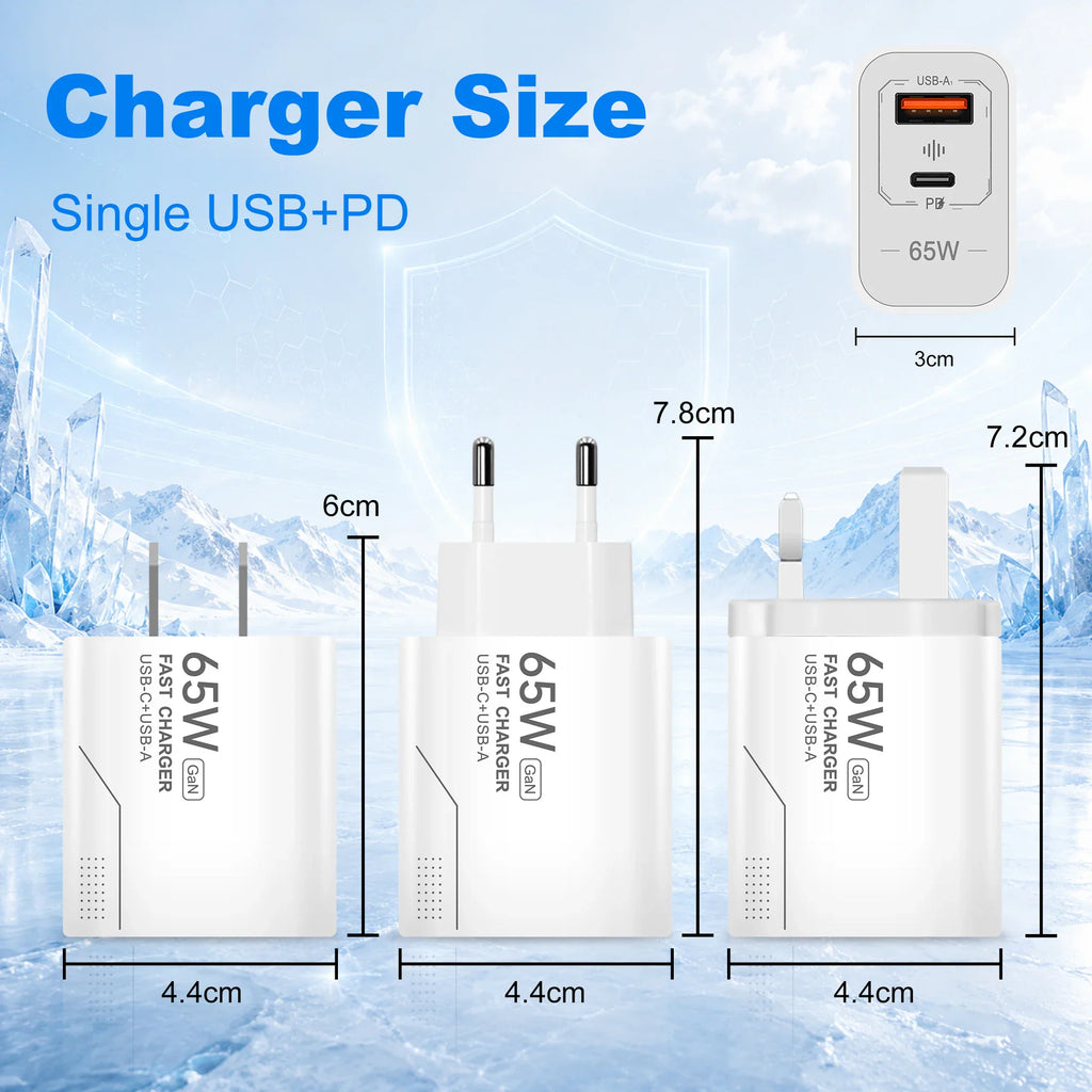 Dimensional diagrams showing the size and height of white 65W chargers with various plug types.