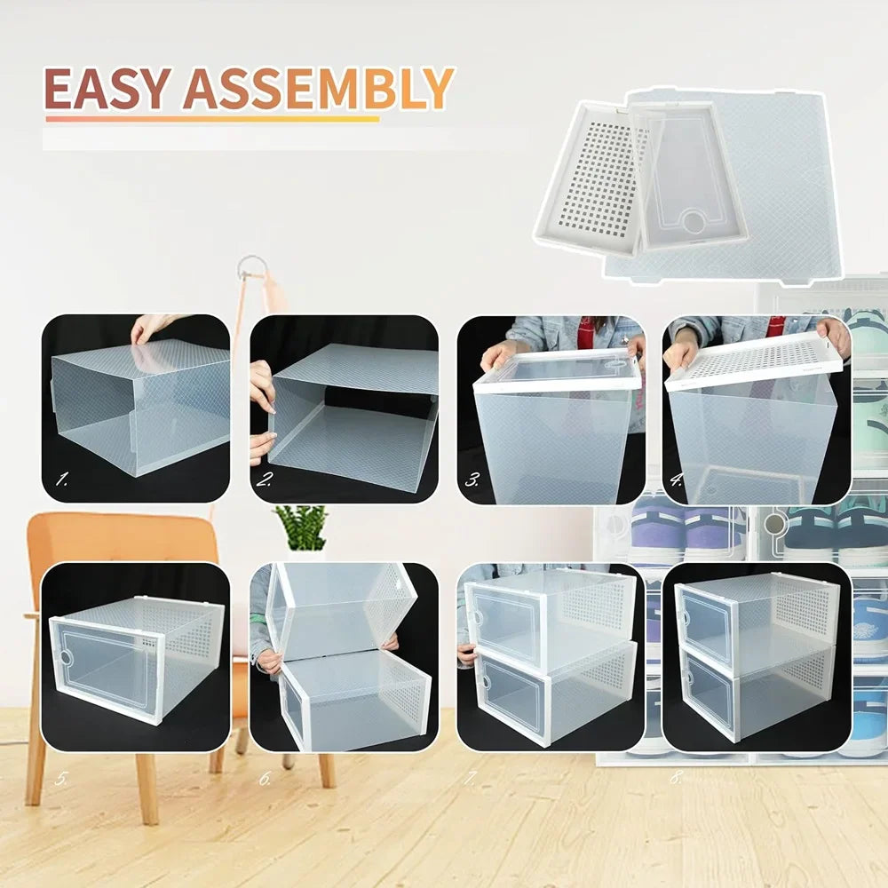 Instructional diagram showing the easy assembly steps for a modular transparent plastic shoe storage box