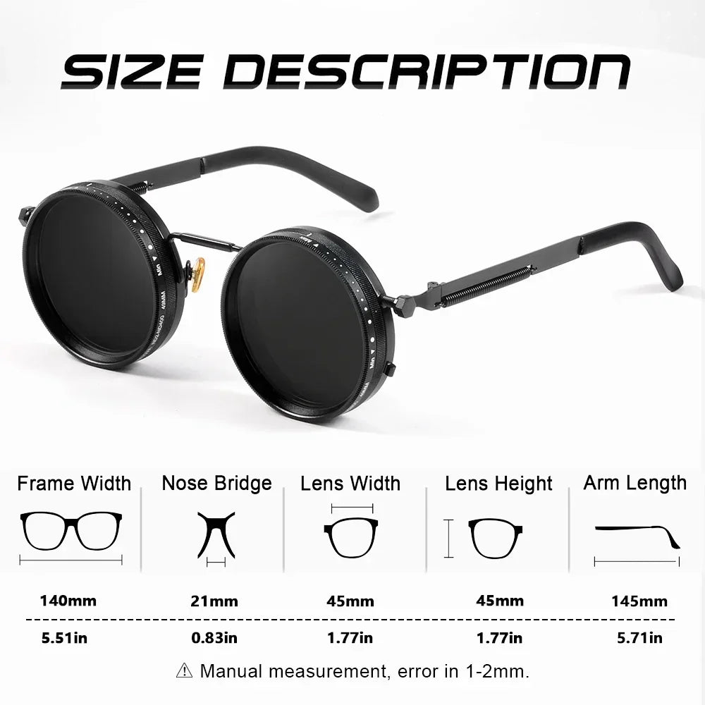 Diagram showing measurements of black round sunglasses.
