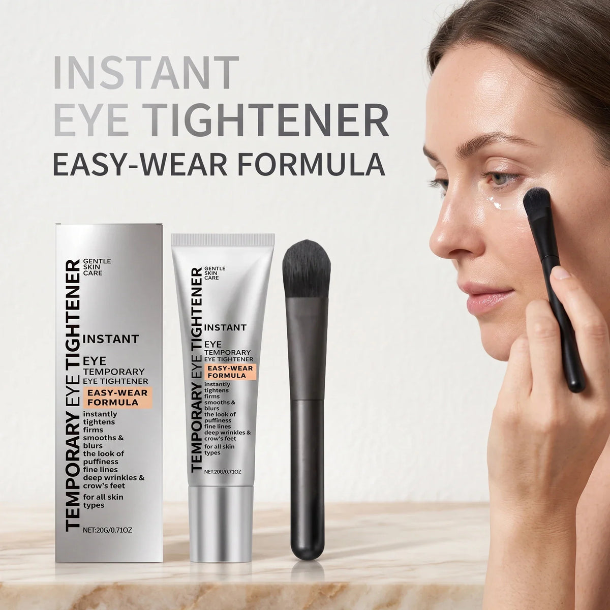 Instant eye tightening cream with application brush and model applying product under eye