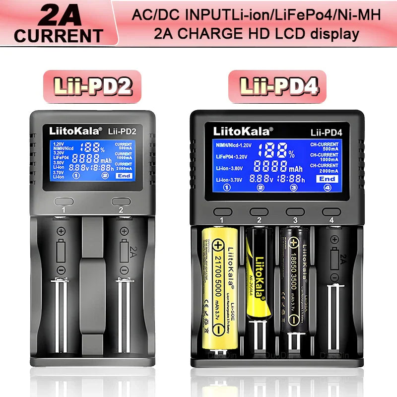 Two-slot and four-slot smart battery chargers with LCD screen showing charge status