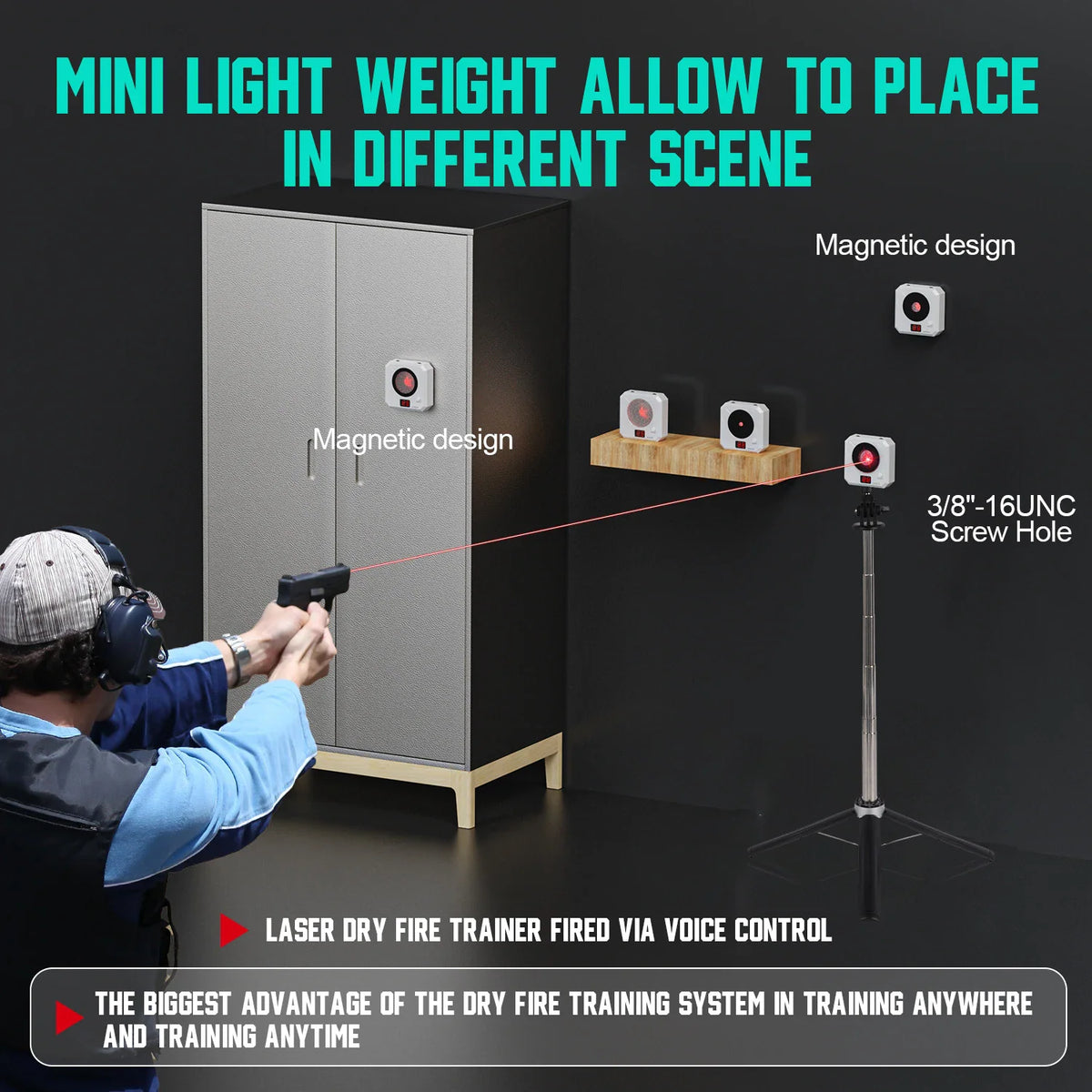 Magnetic electronic laser targets mounted on wall and stand for indoor shooting practice