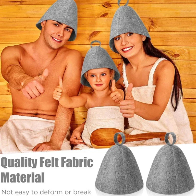 Family wearing grey felt sauna hats in a sauna room