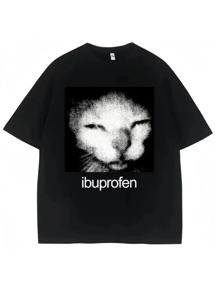 Black crew neck short sleeve t-shirt with a vintage cat graphic print and the text ibuprofen