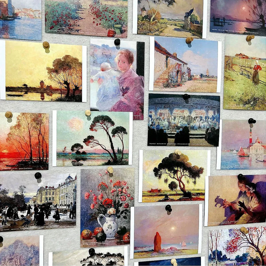 Assorted classical art postcards depicting landscapes and portraits pinned to a display board.
