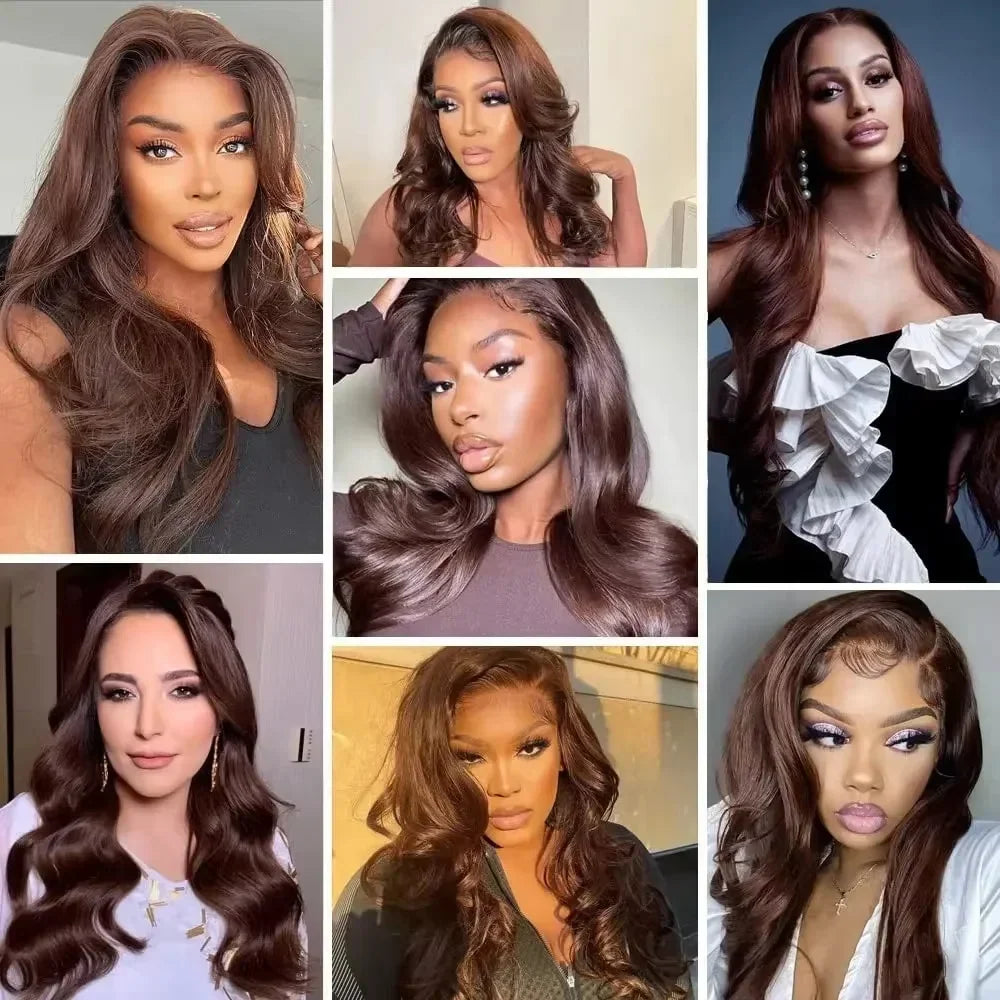 Six different women wearing chocolate brown body wave human hair lace front wigs