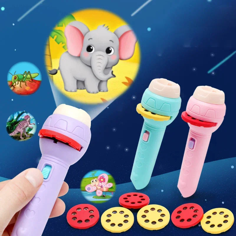 Colorful flashlight projectors for children with animal slide discs projecting cartoon images on a dark background