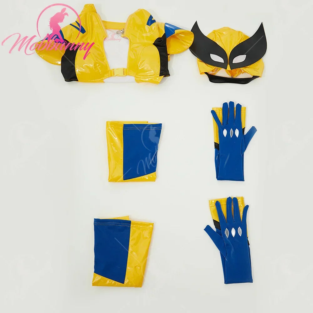 Flat lay of a yellow and blue cosplay outfit including a bodysuit, mask, leg warmers, and gloves