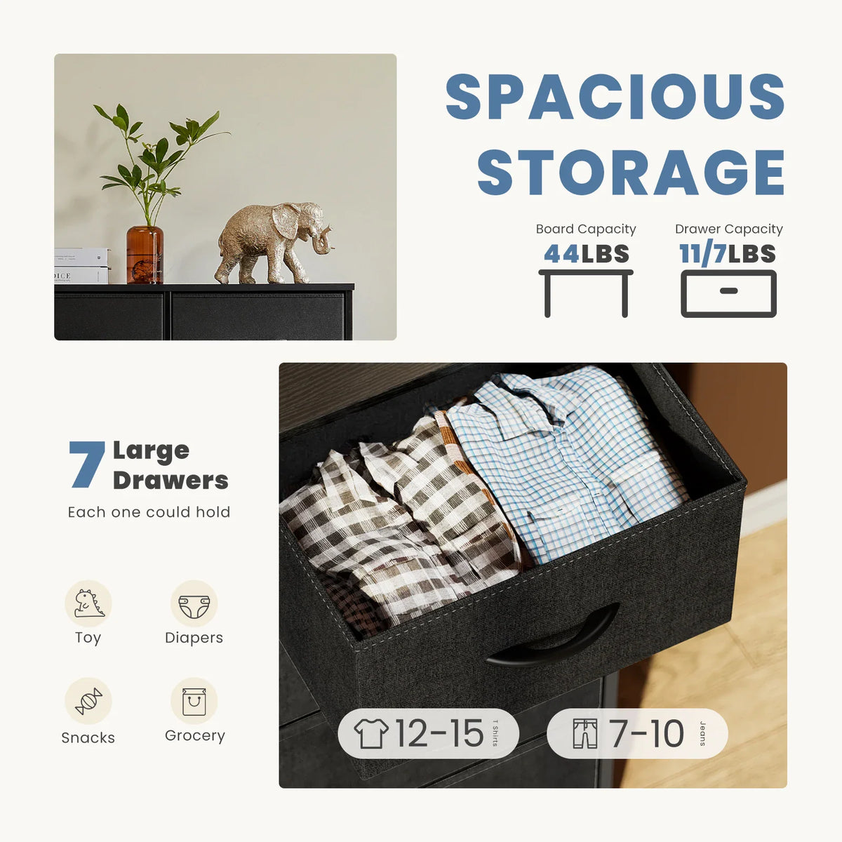 Infographic showing the storage capacity and weight limits for the dresser drawers.
