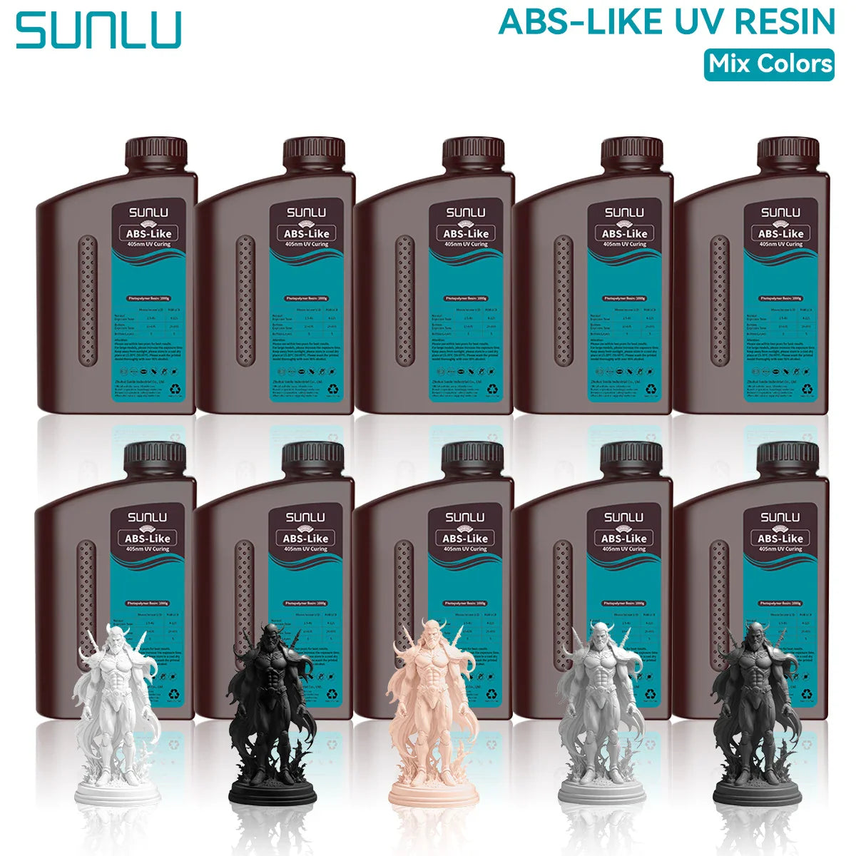 A collection of 3D printer resin bottles in various colours with matching resin figurines.