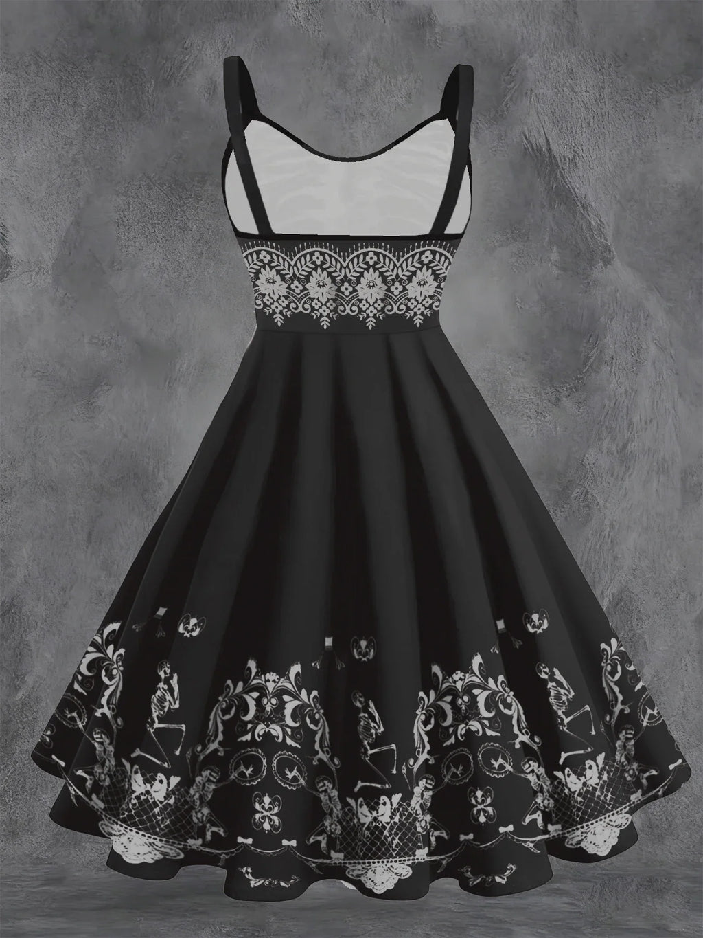 Back view of a black sleeveless dress with white ornate skeleton graphic print on the skirt