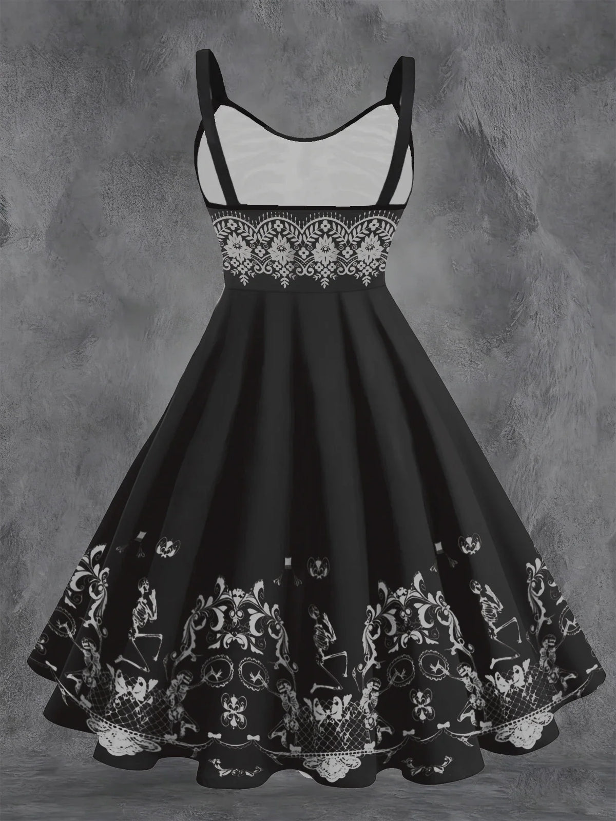 Back view of a black sleeveless dress with white ornate skeleton graphic print on the skirt