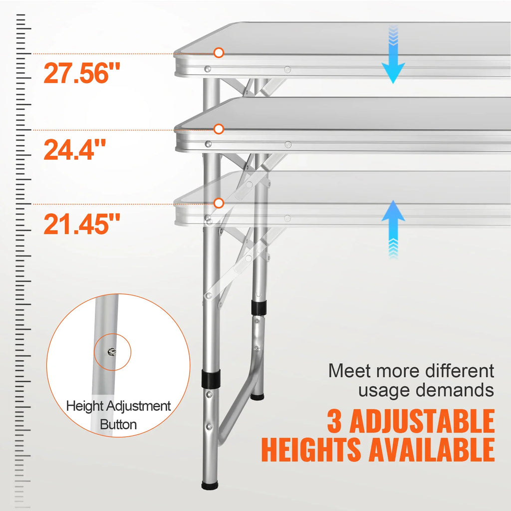 Diagram showing the height adjustment feature of a portable camping table with three height settings