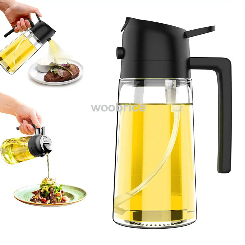 Glass oil dispenser bottle with spray and pour function for kitchen