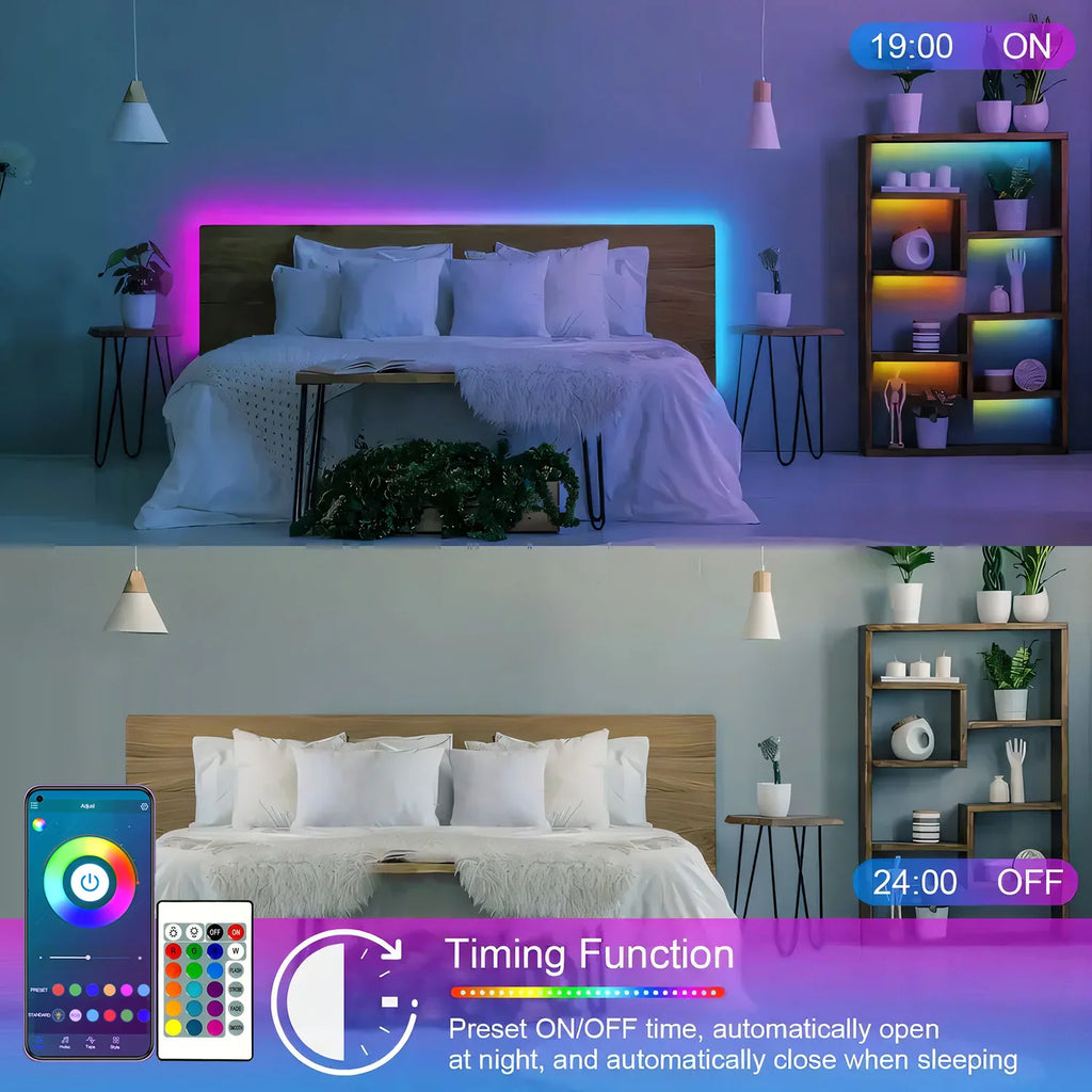 A bedroom with warm and cool LED strip lighting highlighting the headboard and shelves, shown in day and night modes.