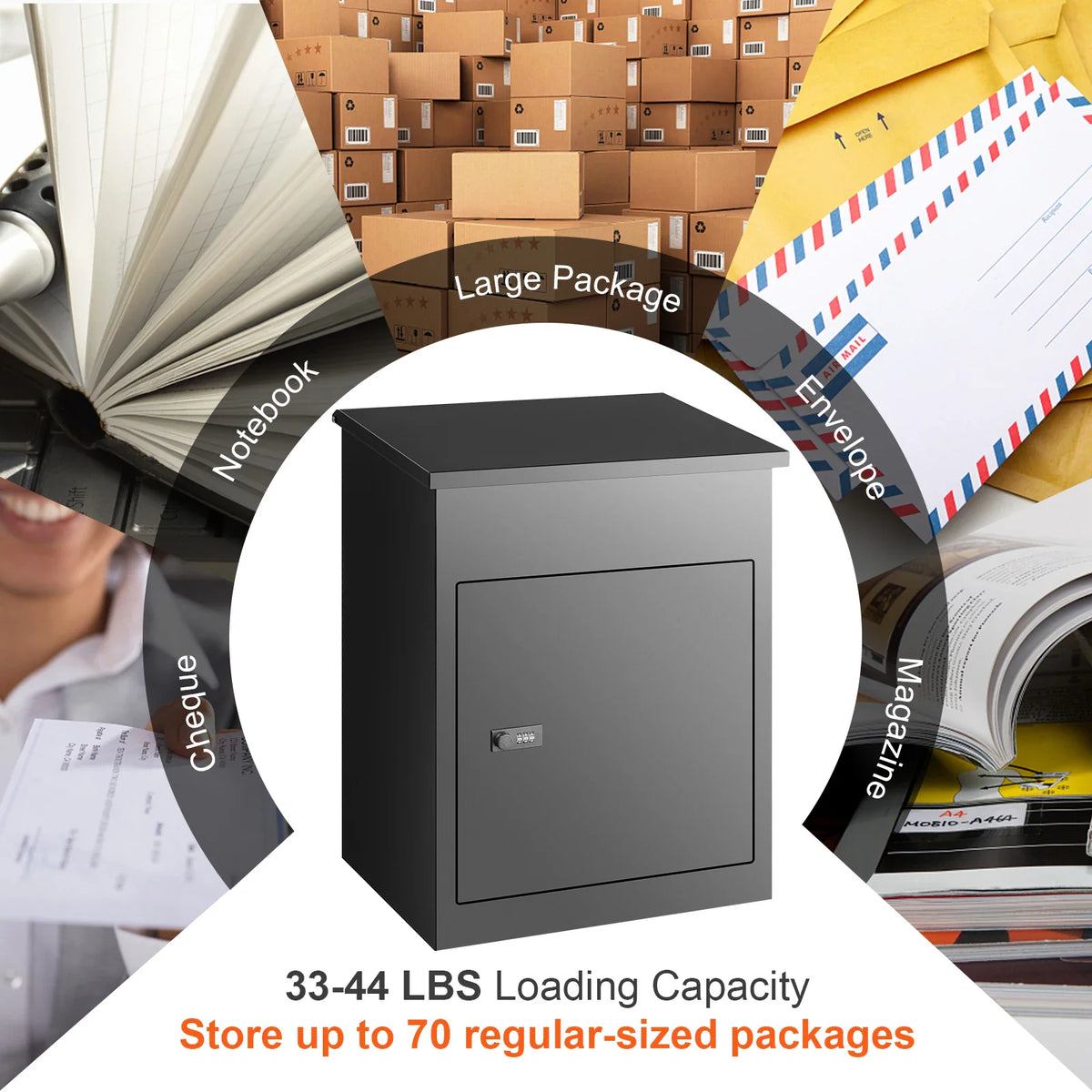 A black secure parcel box surrounded by various types of mail including notebooks, large packages, envelopes, and magazines.