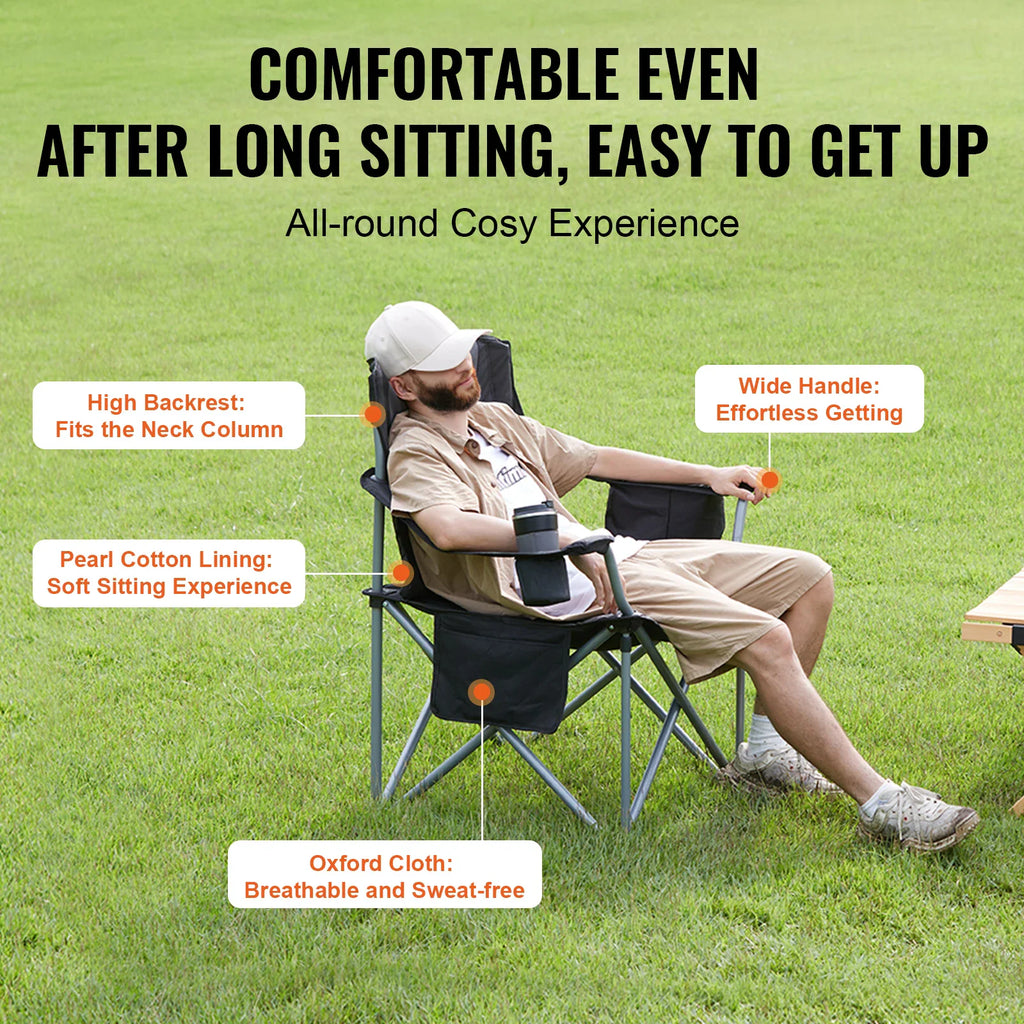 Man sitting comfortably on a folding camping chair with labels describing features like high backrest and padded seat