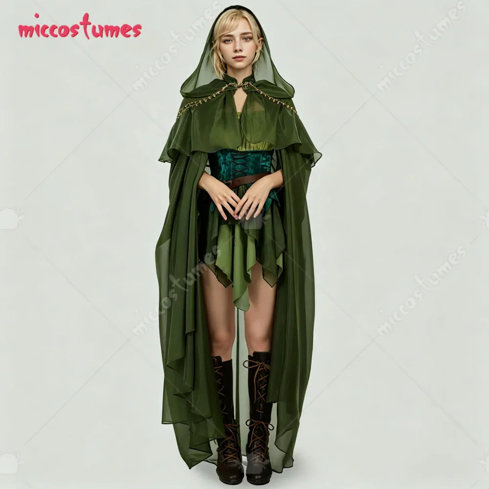 Green hooded cloak with gold chain detail, worn by a model in a fantasy cosplay outfit
